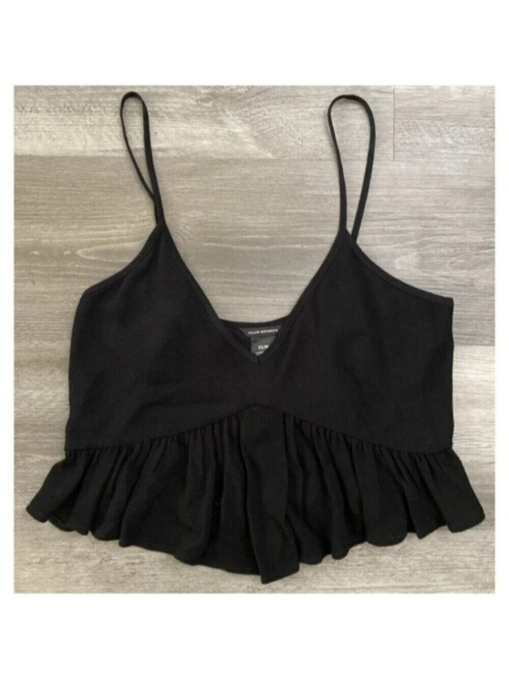 Club Monaco Tank Blouse V Neck Spaghetti Straps Black Peplum Flutter Flirt XS